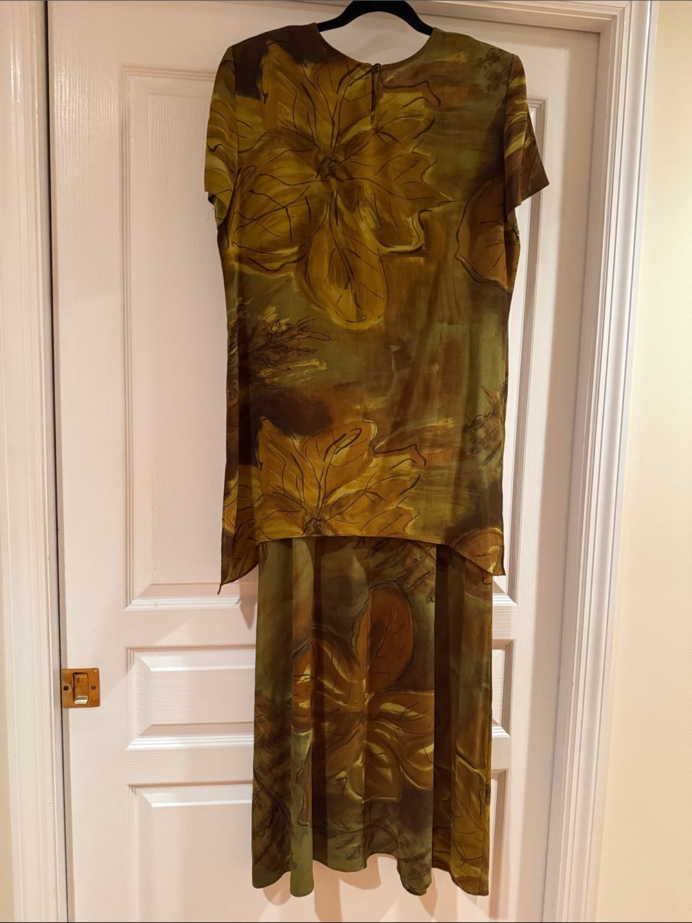 Positive Attitude Olive Green and Mustard Leaf Print Two-Piece Dress Set